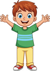 Cartoon red‑haired character vector illustration, wearing green striped shirt and yellow pants, arms raised in cheerful pose, cute children’s design, isolated background