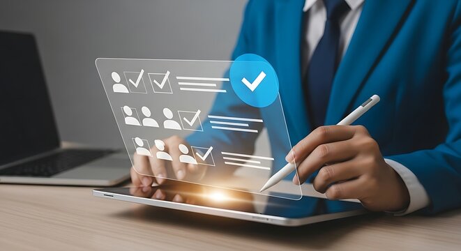 Digital survey form on tablet with business man completing tasks online with pen for analysis - Powered by Adobe