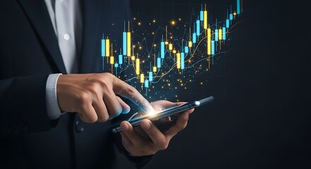 Financial analyst using mobile app to analyze stock market and investment trends
