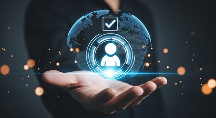 Hand holding global network with user icon and checkmark for HR recruitment process