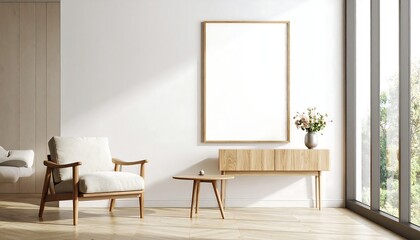 Minimalist Living Room with Wooden Furniture, Blank Frame, and Natural Light