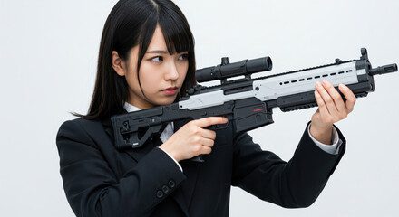 Fototapeta premium Japanese office lady in professional suit holding gun in shooting pose