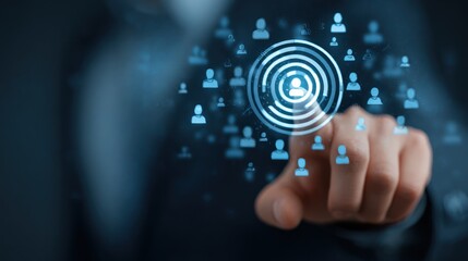 Interactive user interface highlighting a person-centered data management system.  A hand interacts with a digital display showing a large group of connected user profiles