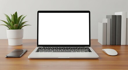 Fototapeta premium Laptop mockup on wooden desk with books plant and smartphone for website display