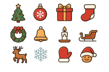 Set of festive christmas icons featuring tree, gift, stocking, and more holiday symbols