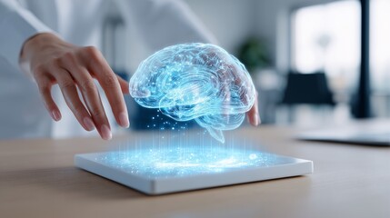 Woman Touching Holographic Brain Above Digital Tablet