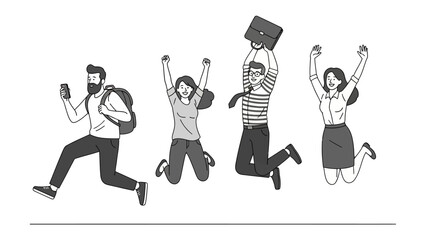 Energetic Leap: Dynamic illustration captures the collective joy and boundless enthusiasm of individuals as they leap forward in a display of pure elation and achievement.