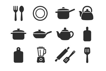 Silhouette icons of kitchen utensils and cookware collection