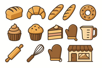 Assorted bakery icons: bread, croissant, cupcake, rolling pin, oven mitts, bakery shop
