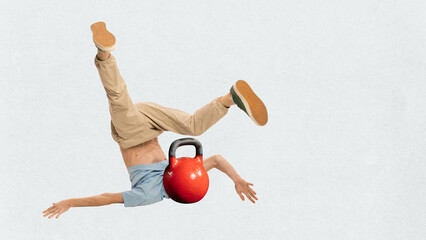 Graphic composition. Man falling with kettlebell instead of head symbol of heavy stress. Concept of overload, burnout, pressure, life imbalance, wellness, corporate training and social campaigns.