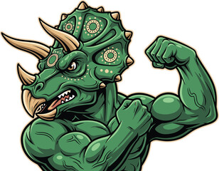 Muscular anthropomorphic triceratops flexing arm, fierce dinosaur character with human‑like body, strong prehistoric creature illustration, fantasy and mascot design, isolated vector