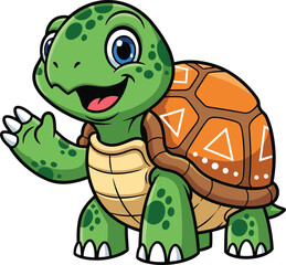 Cute cartoon turtle vector illustration, smiling green turtle with brown orange shell, waving hand, adorable animal character, children’s design, isolated white background