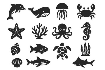 Obraz premium Silhouettes of marine life: dolphins, whales, jellyfish, and more