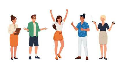 Obraz premium Diverse Group of People Celebrating: A collection of five individuals, each expressing unique emotions and gestures, united in a shared moment of celebration, with expressions of success and approval.