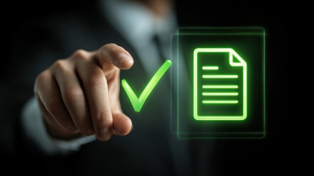 Close-up of a hand in a suit, pointing towards a glowing green checkmark and document icon on a dark background, symbolizing approval or verification