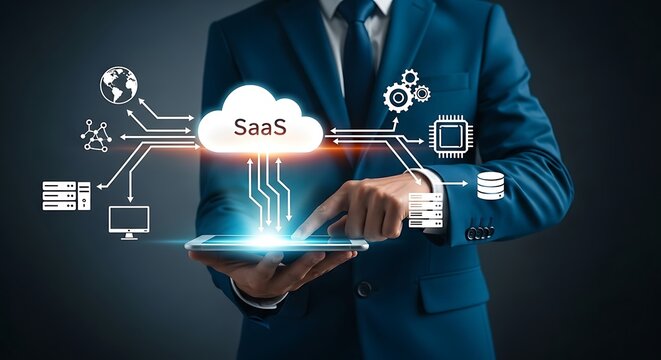 Software as a Service concept with businessman using tablet and cloud infrastructure with icons