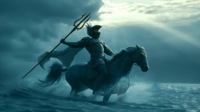 Poseidon rides atop a powerful steed through turbulent waves under a stormy sky at dusk