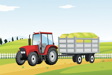Obraz premium Red tractor pulling a trailer with hay in a rural landscape scene outdoors