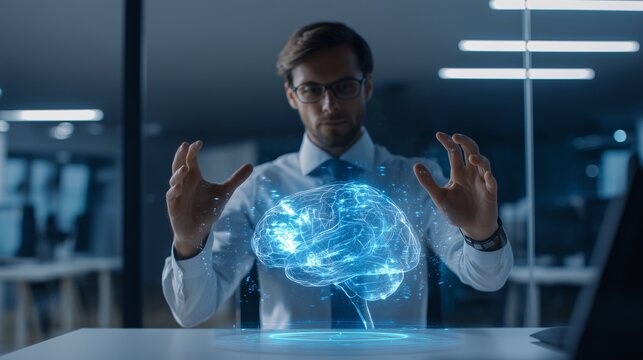 Man Interacting with 3D AI Brain Hologram in Smart Office