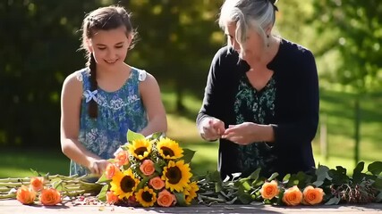 Girl  Grandma arranging sunflowers. - Powered by Adobe