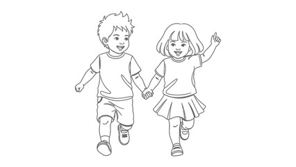 Friendship on the Run: Two cheerful children, hand in hand, sprint with joyful expressions, capturing the innocence and bond of childhood. 