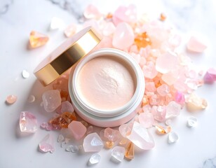 A shimmering highlighter with crushed iridescent crystals on a marble background. A magical and glowing beauty concept.