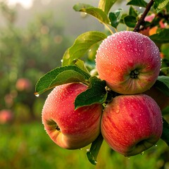 Fresh apples on a branch in morning light