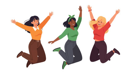 Joyful Trio Leaping High: Three young women, bursting with elation, leap into the air, arms outstretched in a vibrant display of happiness, friendship, and freedom.