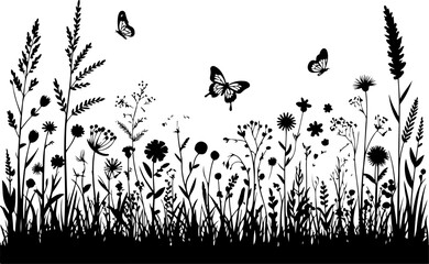 a black silhouette illustration of a wildflower meadow filled with tall grasses