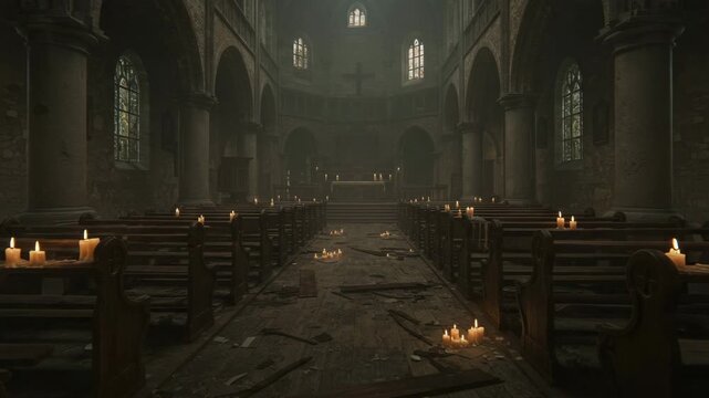 Creepy Interior of an Abandoned Church with Broken Pews