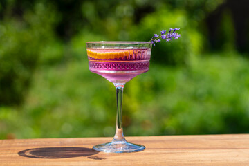 Bright cocktail or lemonade served in elegant crystal glass on wooden table against of a green summer garden. Purple color drink with lavender herb flowers and slice of lemon, closeup