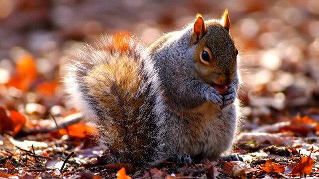Close-up of a gray squirrel holding a nut in its paws, surrounded by autumn leaves