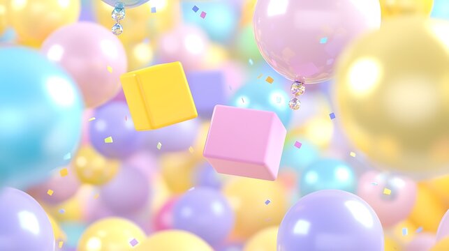 Mirrorless 50mm lens, sharp focus on pastel cubes and spheres, blurred background maintaining minimal look