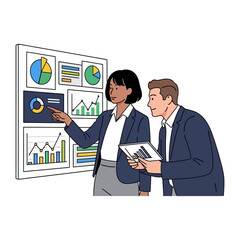Data Analysis Collaboration: Two business professionals are intently examining data charts on a large display board, engaged in a dynamic exchange.