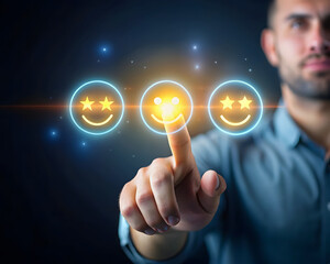 A mans finger points to a glowing smiley face icon with stars, representing customer satisfaction, feedback, and a high rating on a digital interface with a dark background