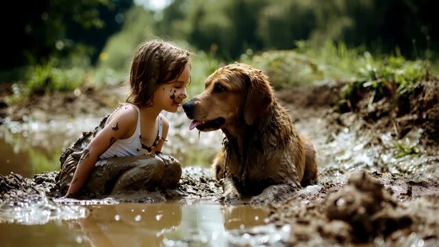 A young girl is covered in mud as she sits amidst a puddle. The scene is set outdoors, with a blurred background suggesting a natural setting. The girls face is partially obscured by the mud.