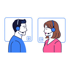 Online Communication: A pair of individuals, a man and a woman, engage in a virtual video call. This illustration depicts modern-day communication and connectivity.