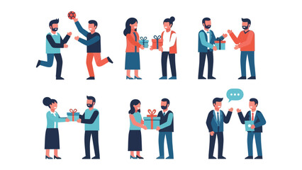Gift exchange scenes: A collection of illustrations depicting various individuals engaged in exchanging presents, suitable for occasions of giving or a sense of camaraderie and celebration.