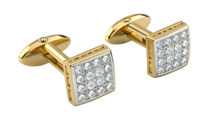 A pair of luxury cufflinks with diamond inlay and golden base, sharp PNG on white background.