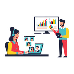 Business Presentation: Two colleagues collaborate, one analyzing data on a screen while the other leads a virtual conference call, embodying modern teamwork and technological integration. 