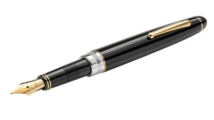 Naklejka premium A sleek Montblanc-style luxury fountain pen with gold nib, isolated on a clean white background.