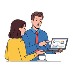 Analyzing Business Data: Focused individuals engage with a laptop, scrutinizing data visualizations and charts during a business meeting.