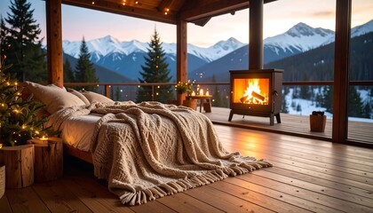 Fototapeta premium Cozy Cabin Bedroom with Fireplace and Mountain View