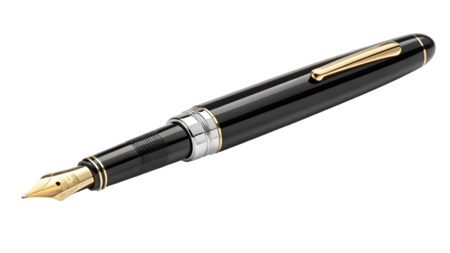 A sleek Montblanc-style luxury fountain pen with gold nib, isolated on a clean white background.