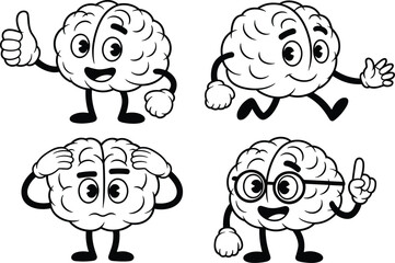Cartoon brain character vector set, cute brain mascot with emotions, learning and thinking illustration, psychology education, outline coloring page, healthy mind concept