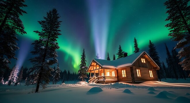 International coffee day magical aurora borealis dances across the starry night sky above a cozy, snowcovered log cabin in a winter forest, illuminating the landscape with vibrant green and blue light