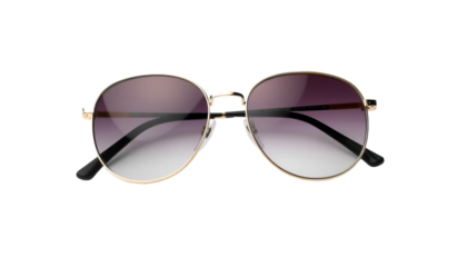 A pair of stylish designer sunglasses with golden frame and dark gradient lenses, sharp PNG on white.
