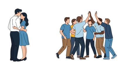 Obraz premium Shared Moments of Unity and Romance: The image captures a diverse group united in celebration and a couple embracing in a tender moment, evoking feelings of connection, affection, and teamwork. 