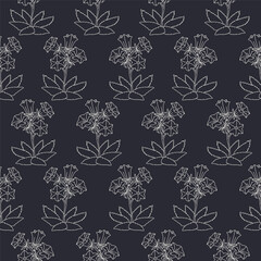 Seamless pattern with black and white canary islands flowers bellflower in vintage millefleur style