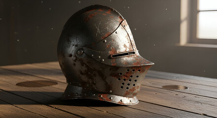 “Old medieval knight’s helmet with scratches and rust, placed on wooden table, cinematic historical atmosphere, ultra-realistic detail”